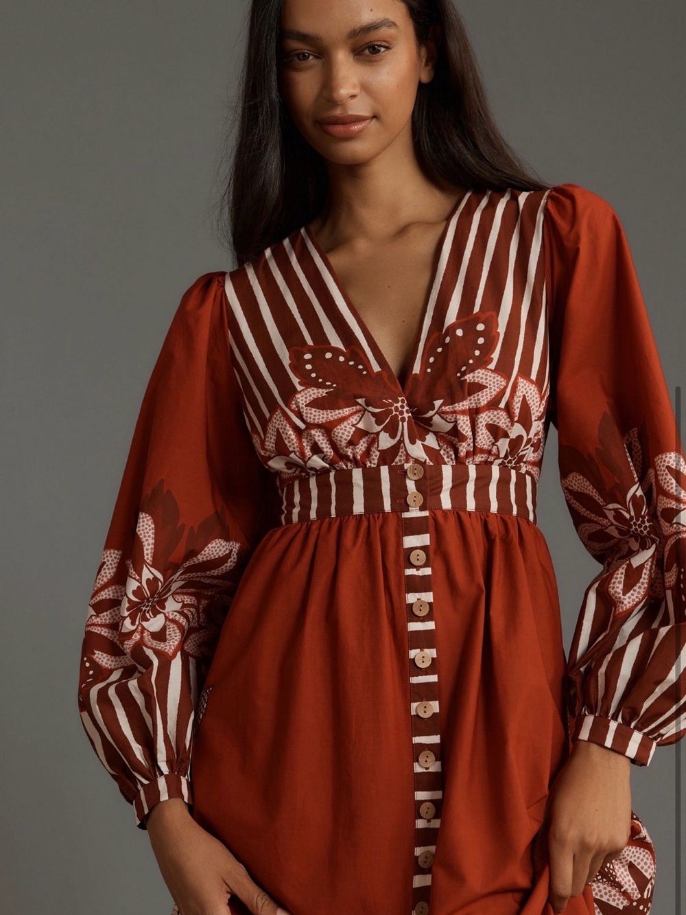 FARM Rio Rust & White Floral Button-Front Midi Dress - Picture 3 of 3